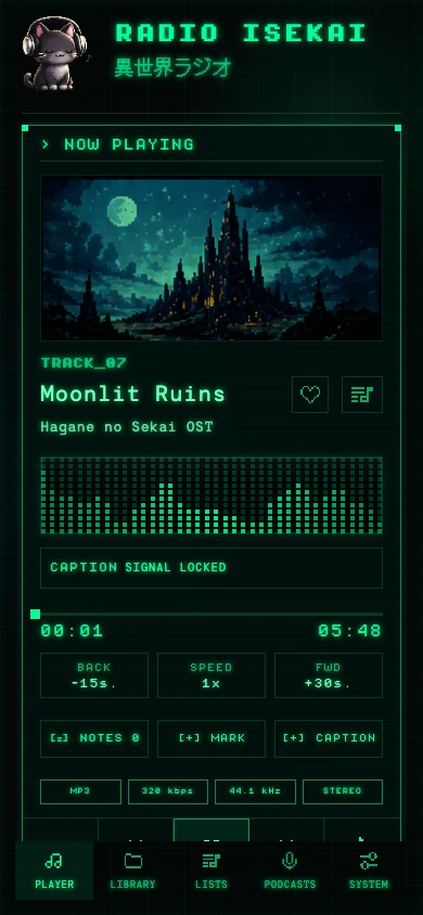 Current Radio Isekai mobile player, showing a demo library track
